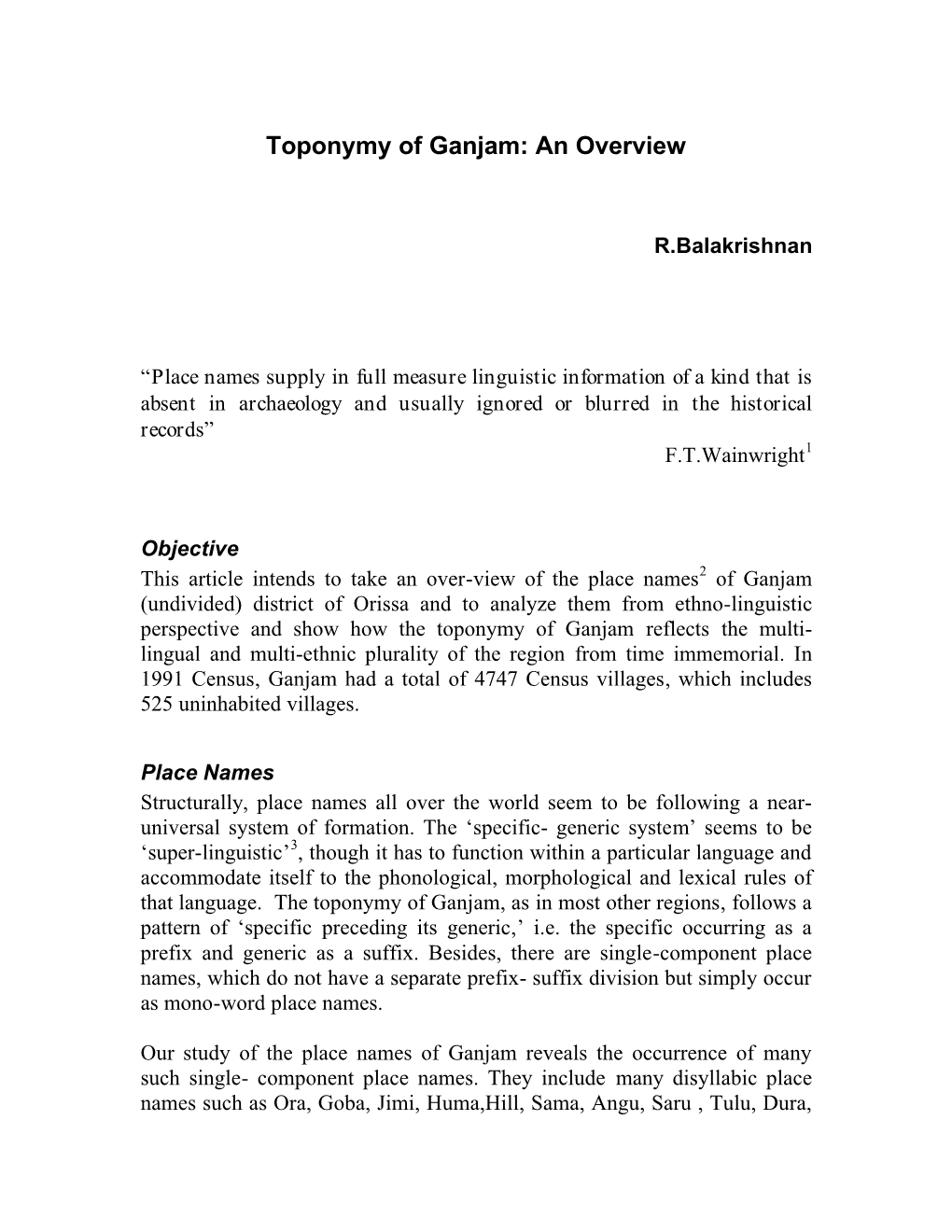 Toponymy of Ganjam: an Overview