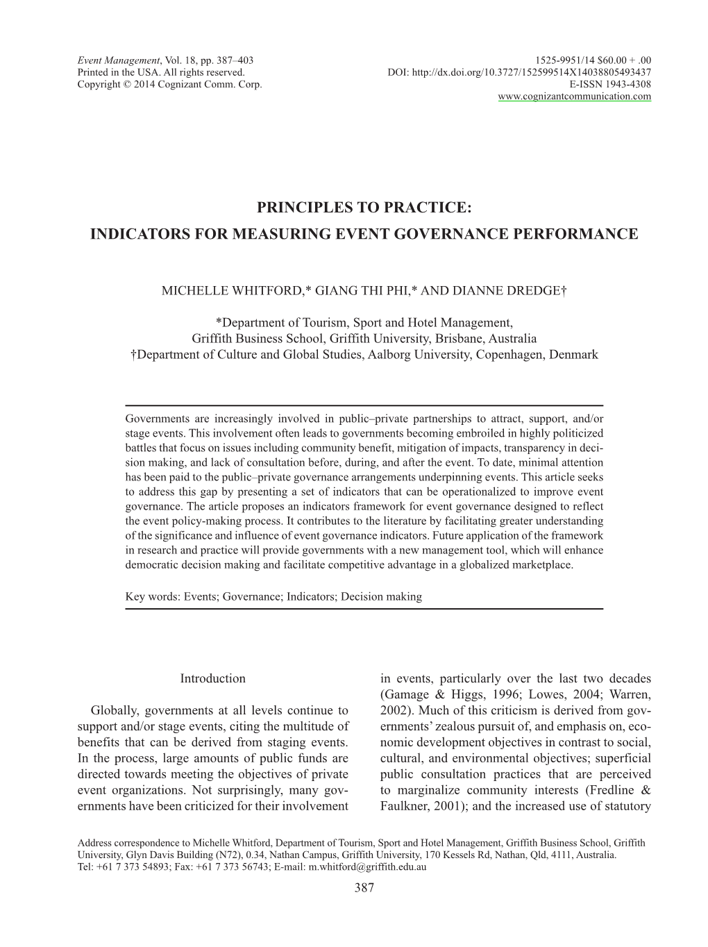 Indicators for Measuring Event Governance Performance