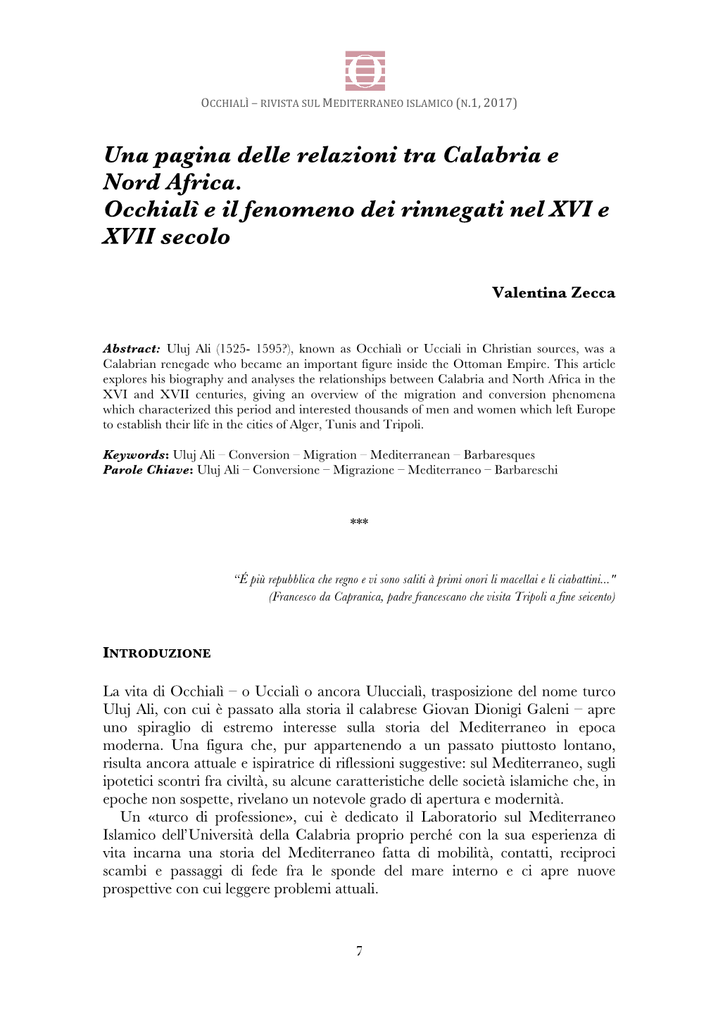 Una Pagina Delle Relazioni Tra Calabria E Nord Africa