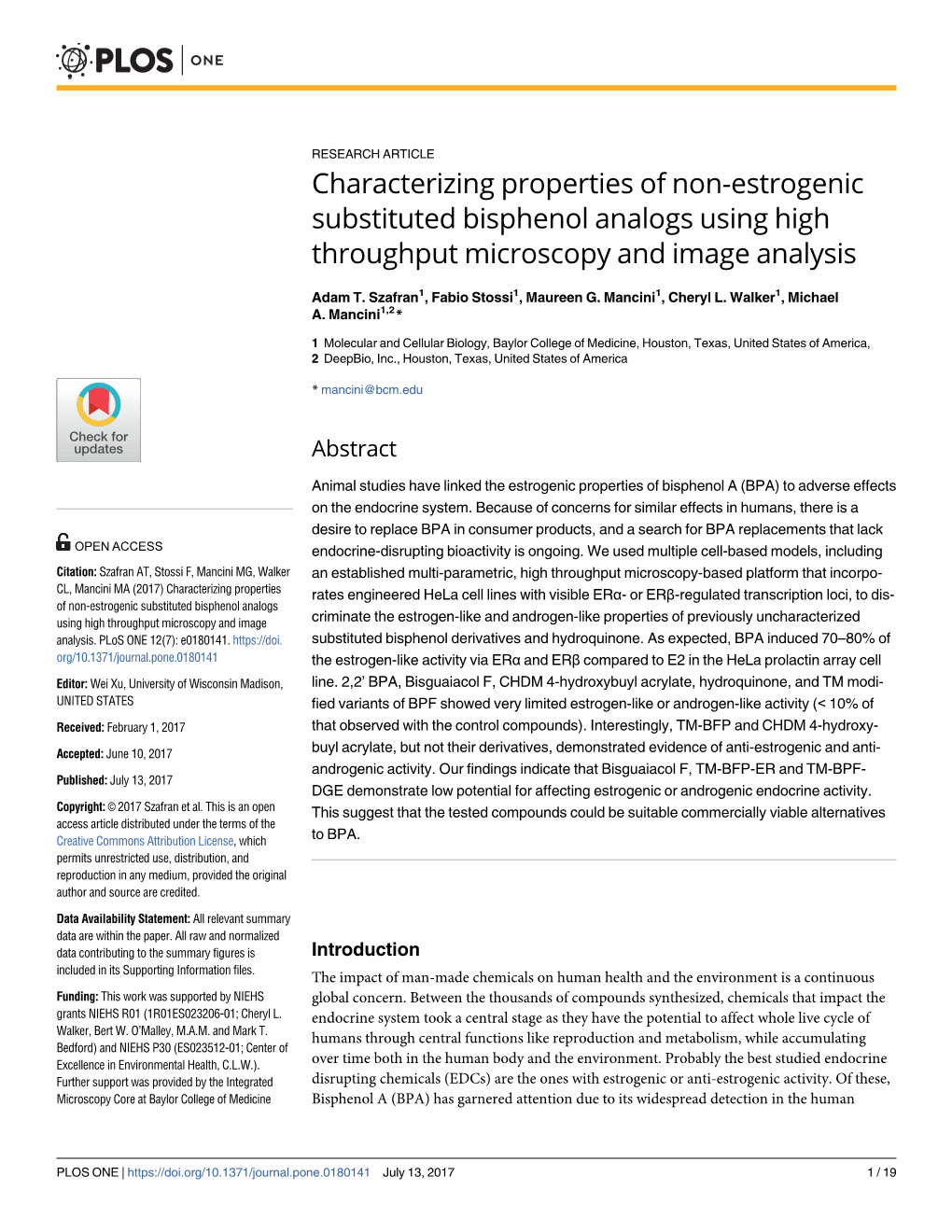 Characterizing Properties of Non-Estrogenic Substituted Bisphenol Analogs Using High Throughput Microscopy and Image Analysis
