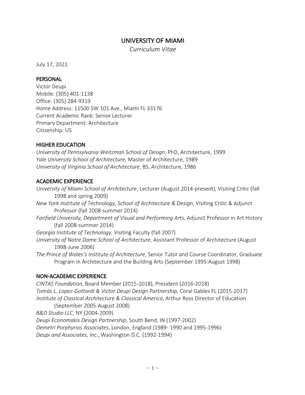 UNIVERSITY of MIAMI Curriculum Vitae