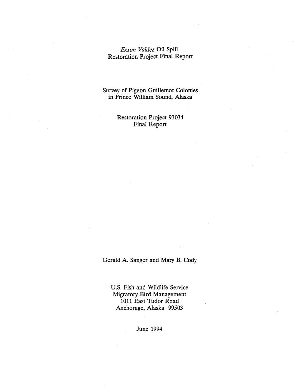 Ewon Valdez Oil Spill Restoration Project Final Report Survey Of