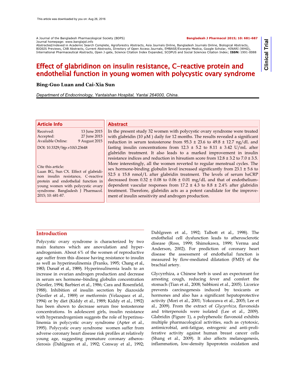 Effect of Glabridinon on Insulin Resistance, C-Reactive Protein and Clinical Trial Clinical Endothelial Function in Young Women with Polycystic Ovary Syndrome