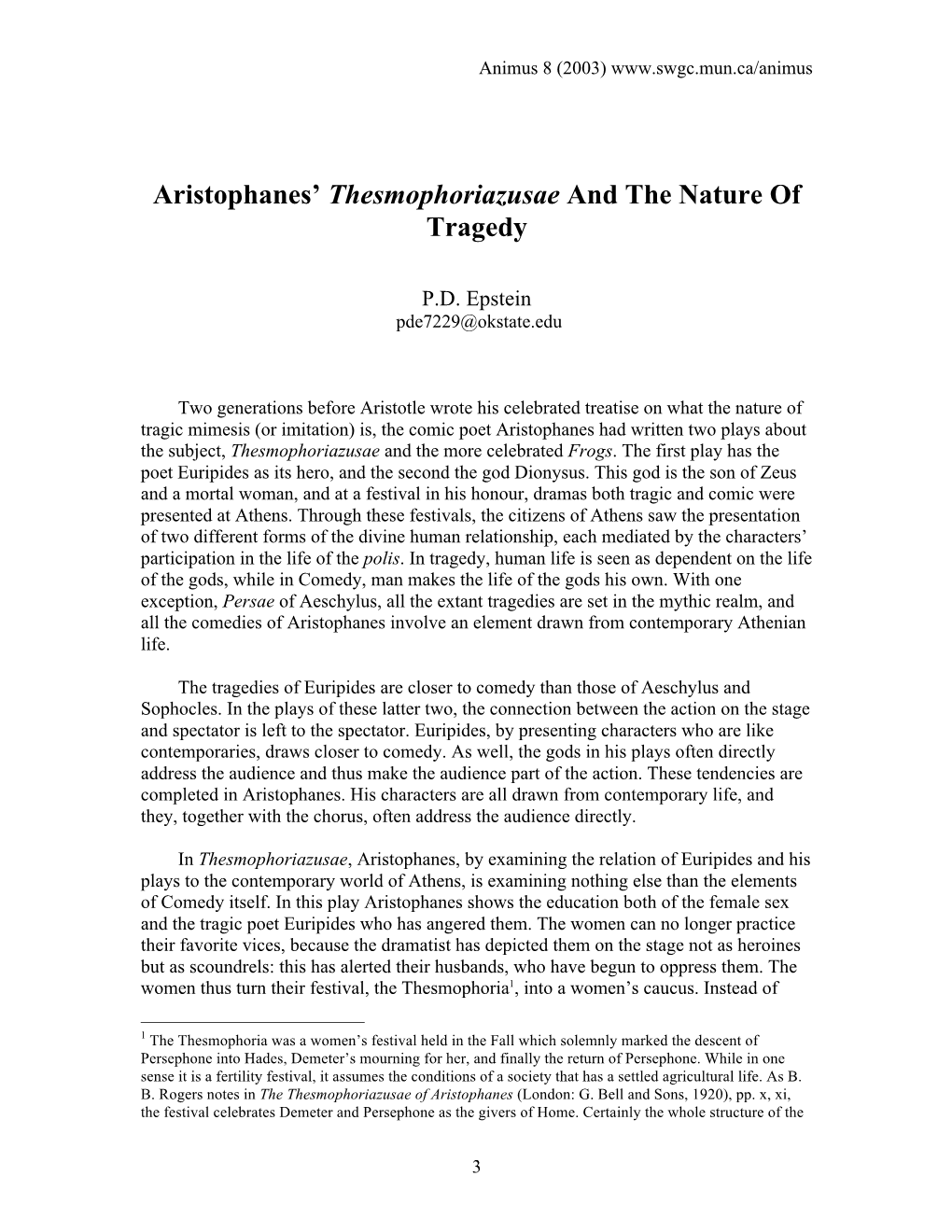 Aristophanes' Thesmophoriazusae and the Nature of Tragedy