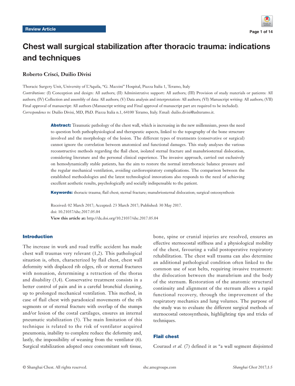 Chest Wall Surgical Stabilization After Thoracic Trauma: Indications and Techniques