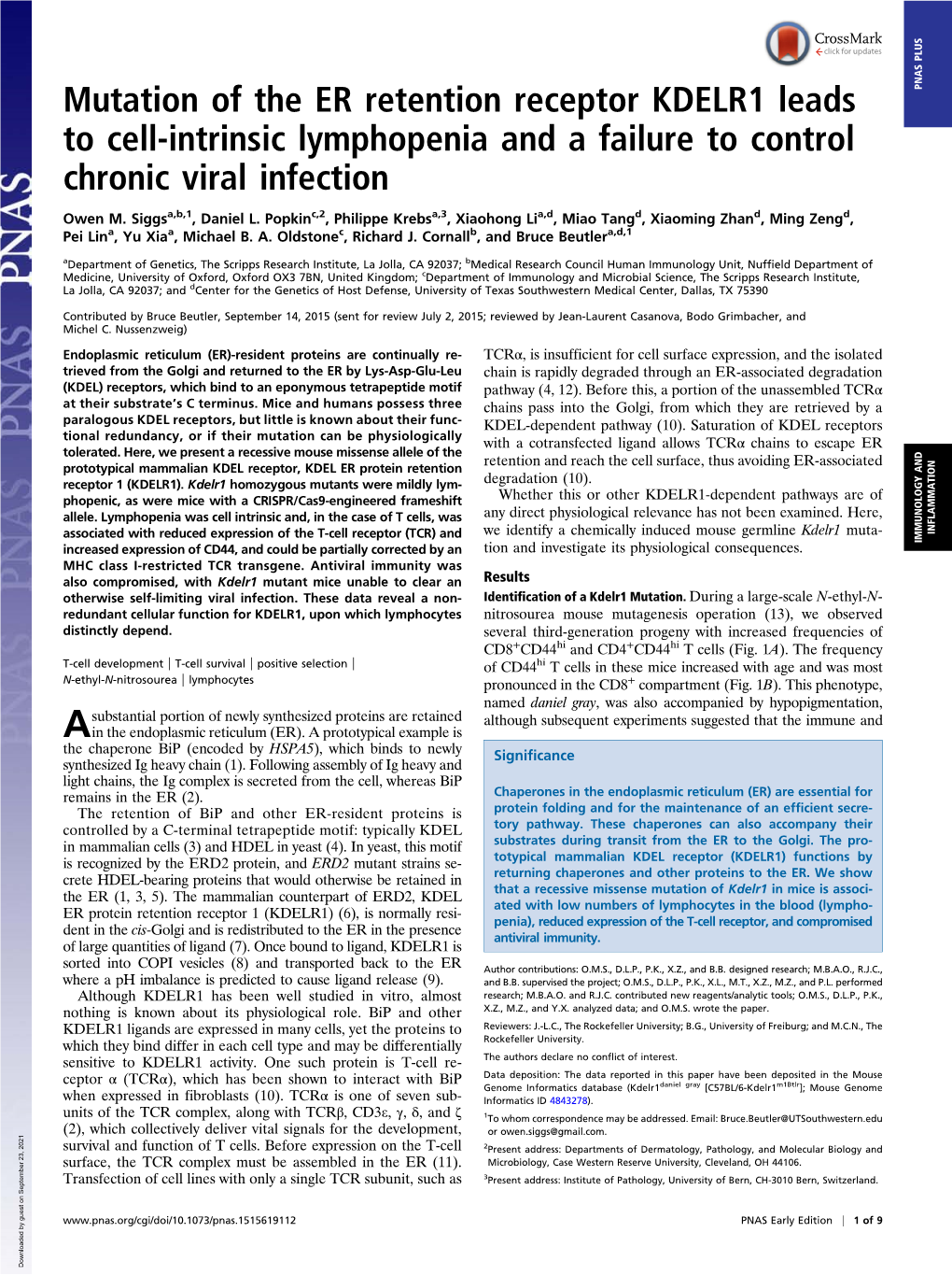 Mutation of the ER Retention Receptor KDELR1 Leads to Cell-Intrinsic Lymphopenia and a Failure to Control Chronic Viral Infectio