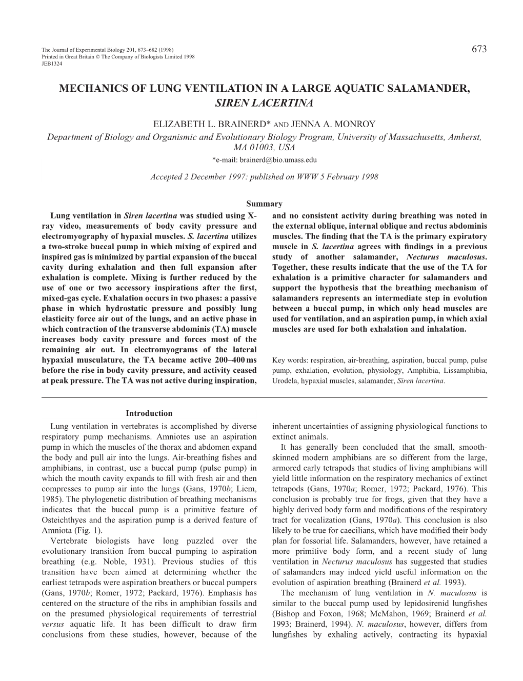 Mechanics of Breathing in Siren Lacertina 675