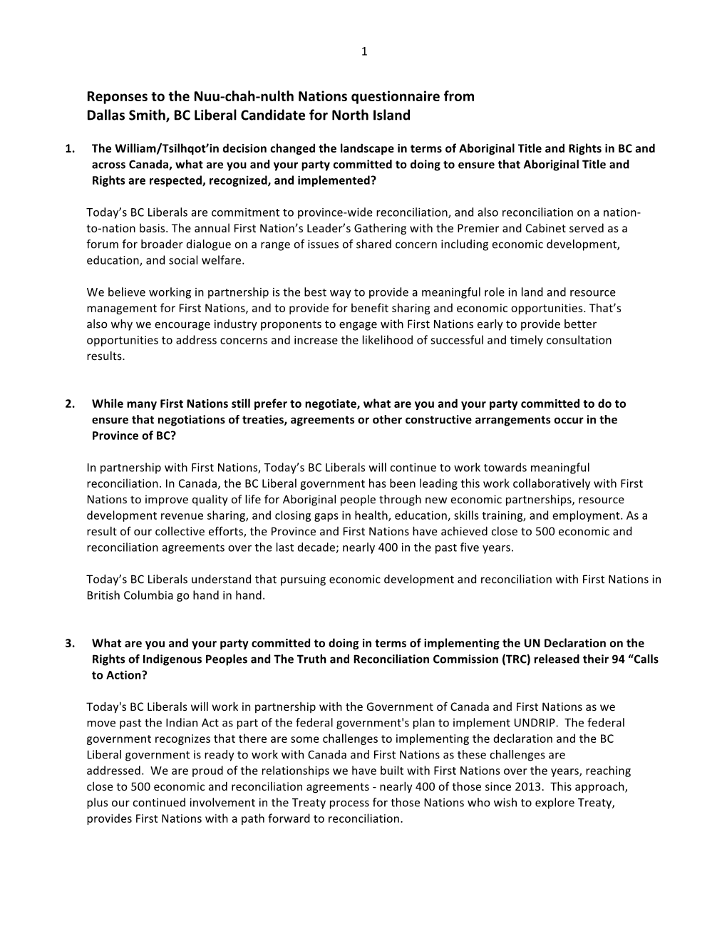 Reponses to the Nuu-Chah-Nulth Nations Questionnaire from Dallas Smith, BC Liberal Candidate for North Island