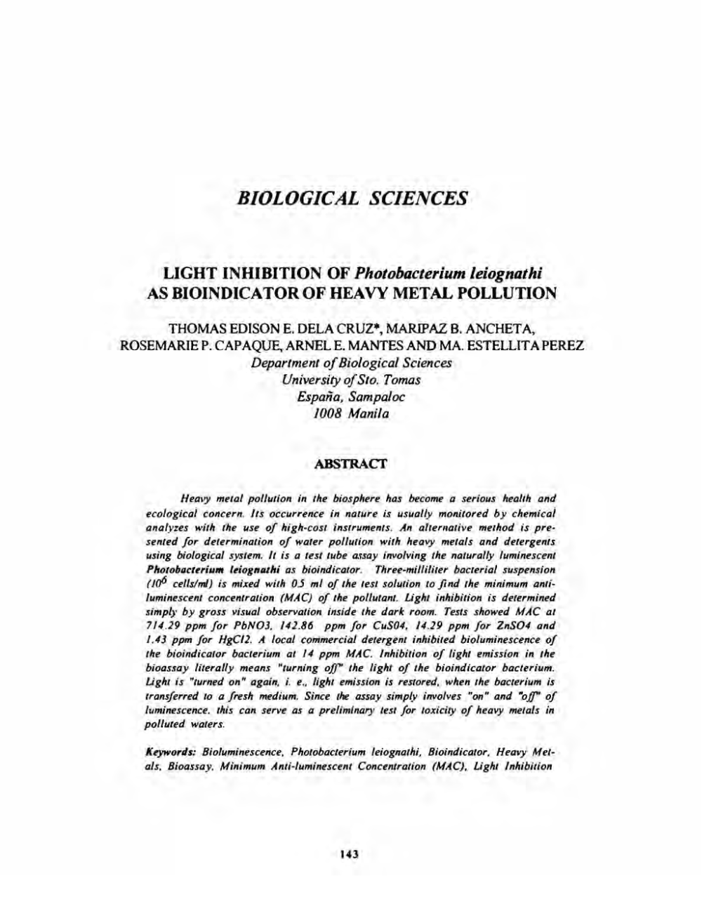 LIGHT INHIBITION of Photobacterium Leiognathi AS BIOINDICATOR of HEAVY METAL POLLUTION