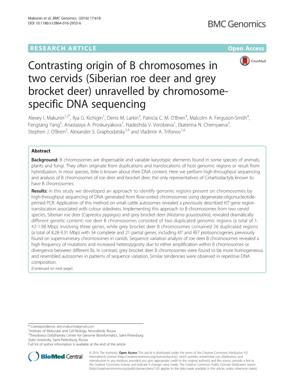 (Siberian Roe Deer and Grey Brocket Deer) Unravelled by Chromosome- Specific DNA Sequencing Alexey I