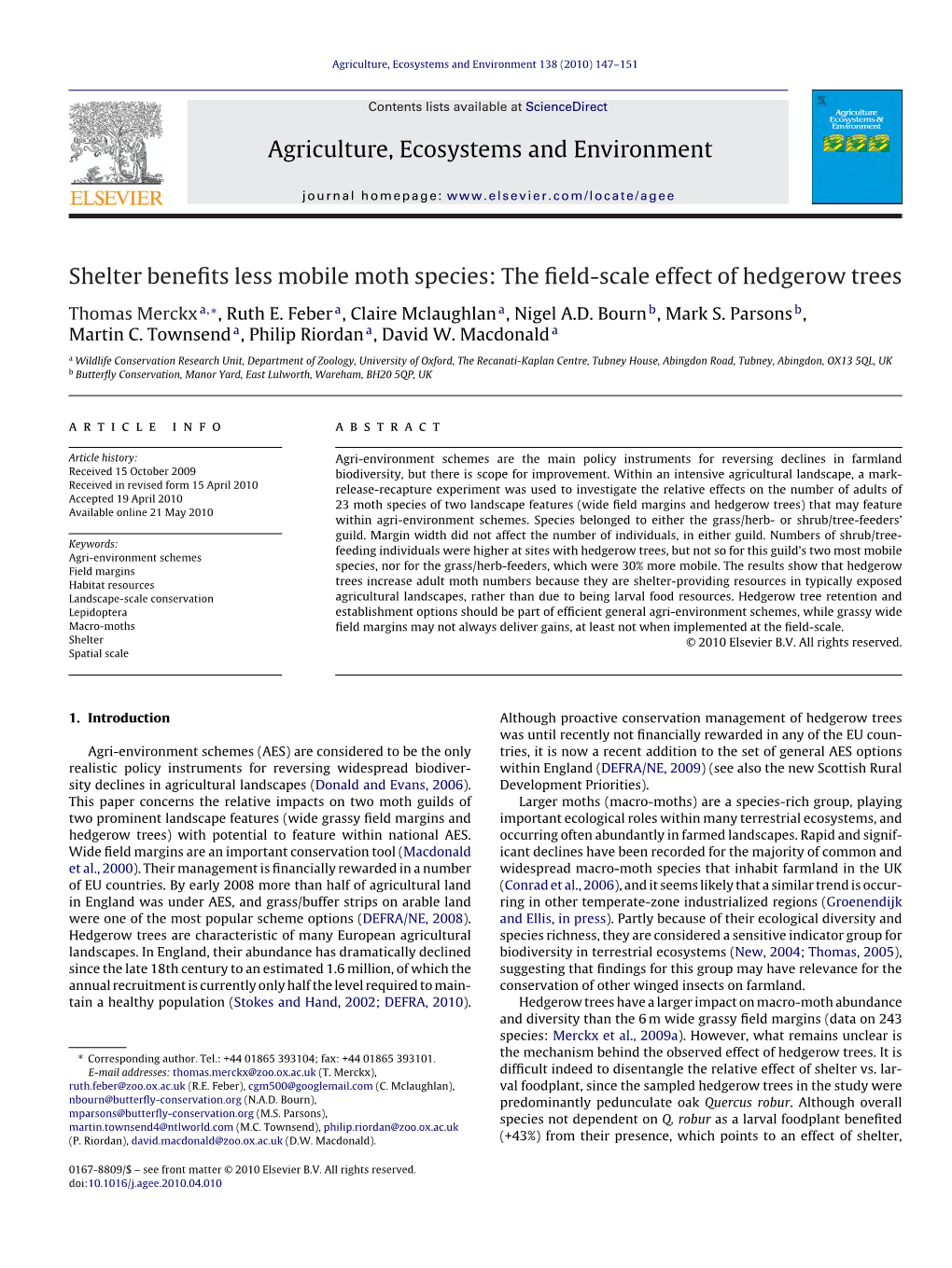 Shelter Benefits Less Mobile Moth Species: the Field-Scale Effect Of