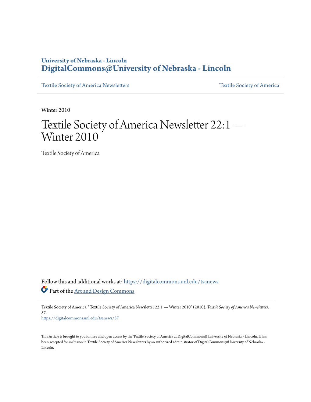 Textile Society of America Newsletter 22:1 — Winter 2010 Textile Society of America