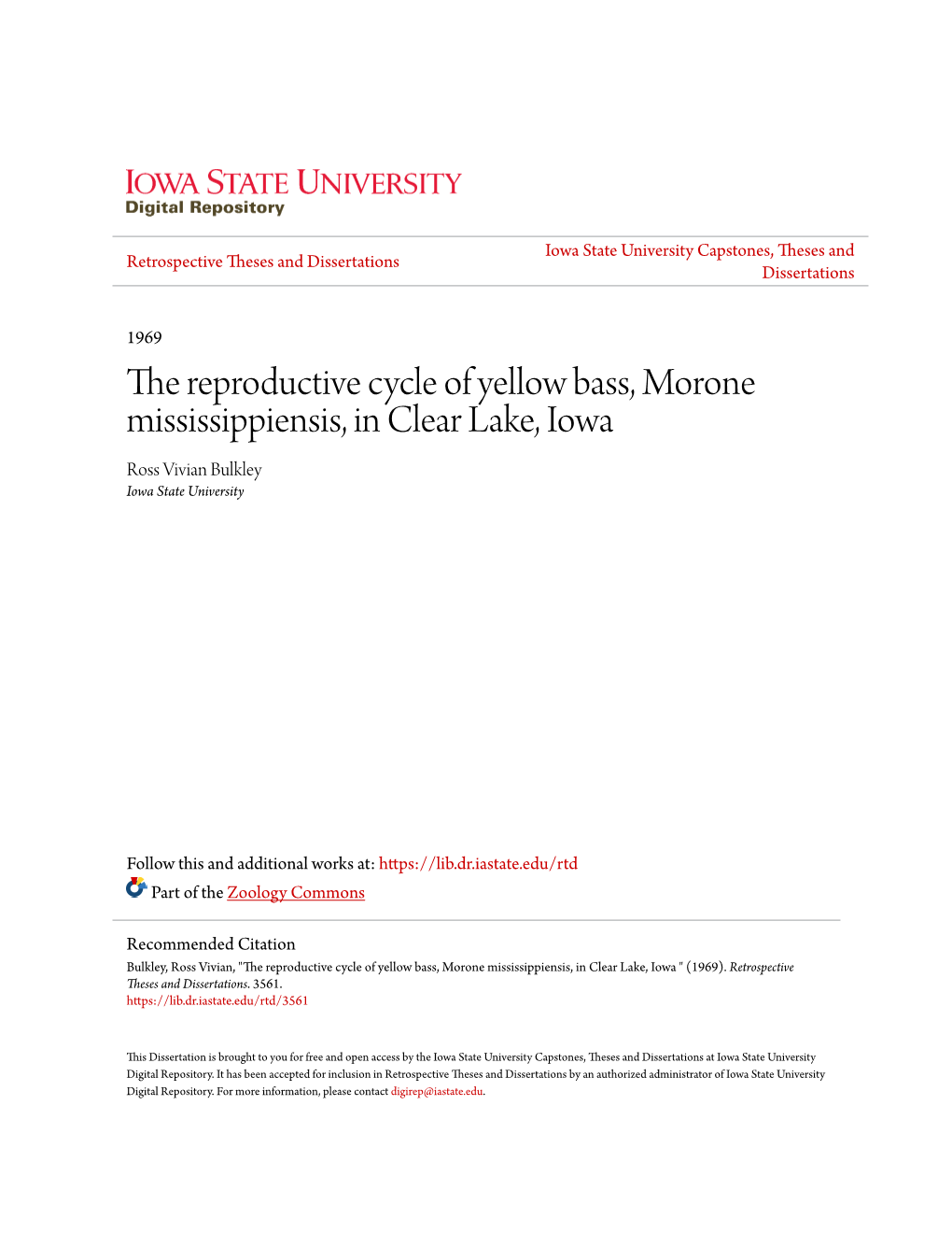 The Reproductive Cycle of Yellow Bass, Morone Mississippiensis, in Clear Lake, Iowa