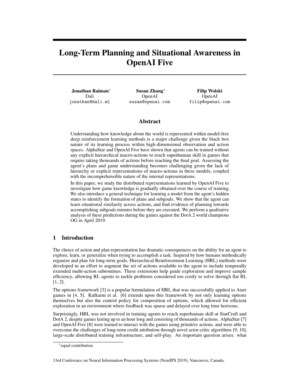 Long-Term Planning and Situational Awareness in Openai Five