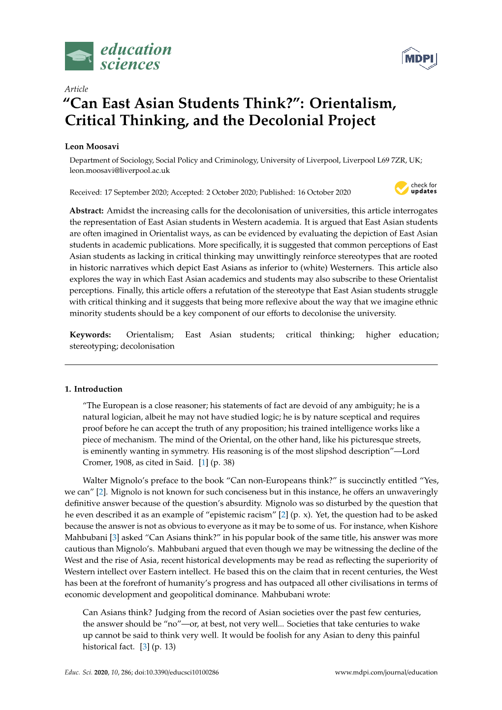 “Can East Asian Students Think?”: Orientalism, Critical Thinking, and the Decolonial Project