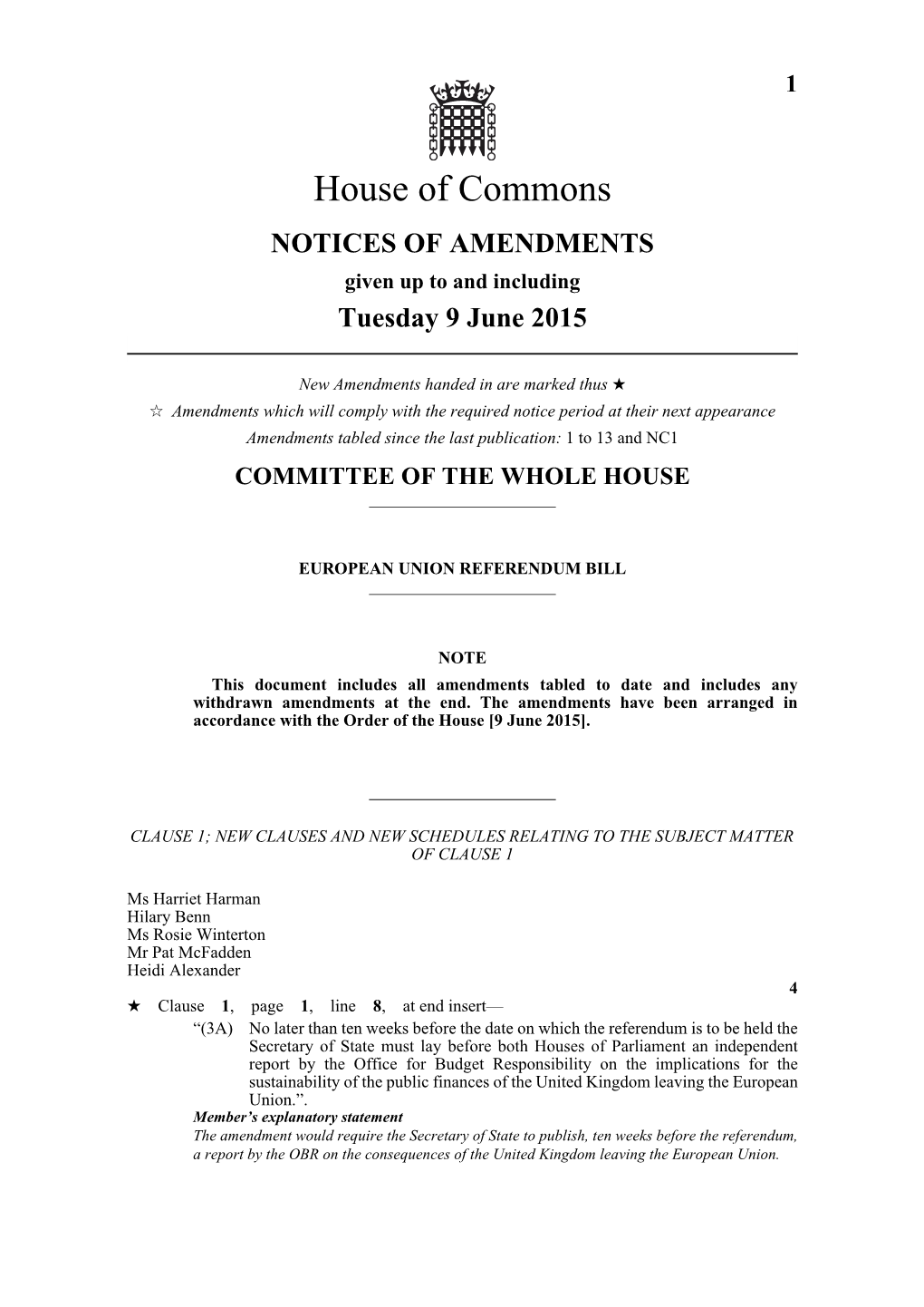 AMENDMENTS Given up to and Including Tuesday 9 June 2015