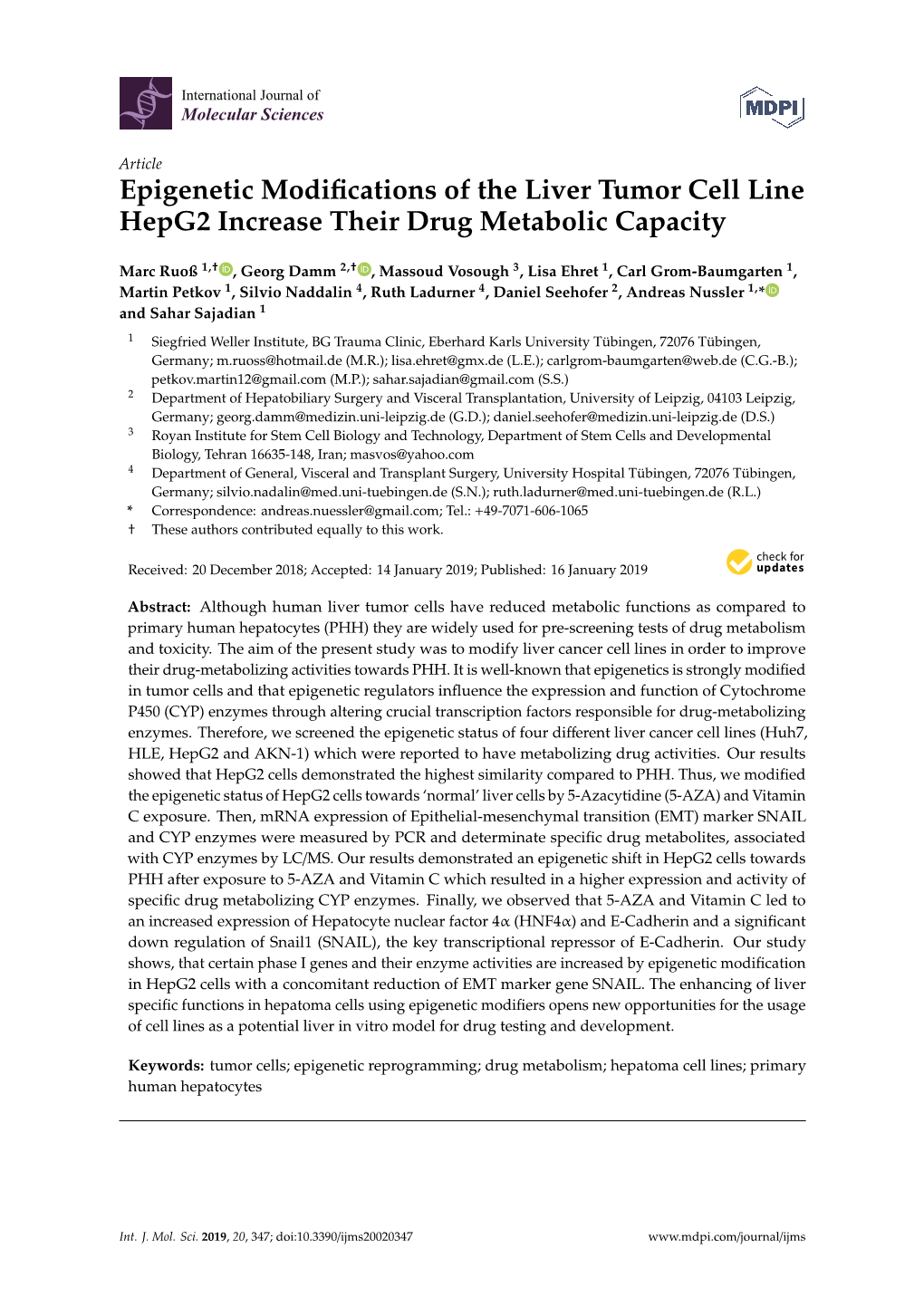 Epigenetic Modifications of the Liver Tumor Cell Line Hepg2 Increase Their Drug Metabolic Capacity