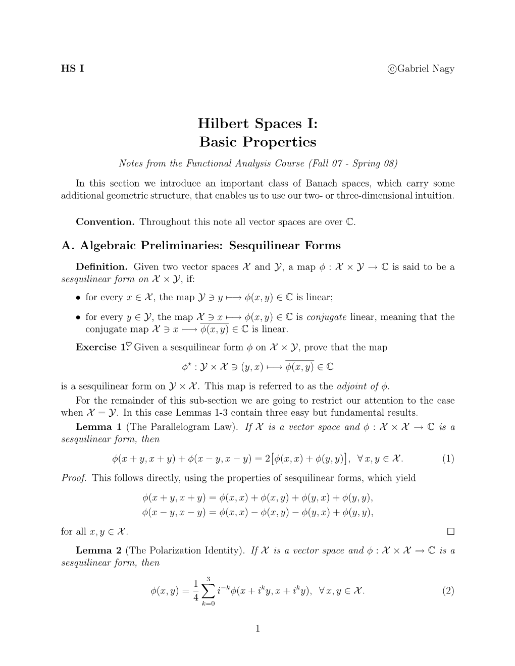 Hilbert Spaces I: Basic Properties