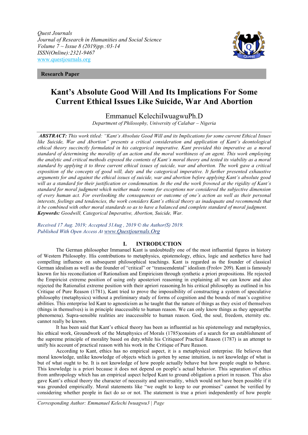 Kant's Absolute Good Will and Its Implications for Some Current