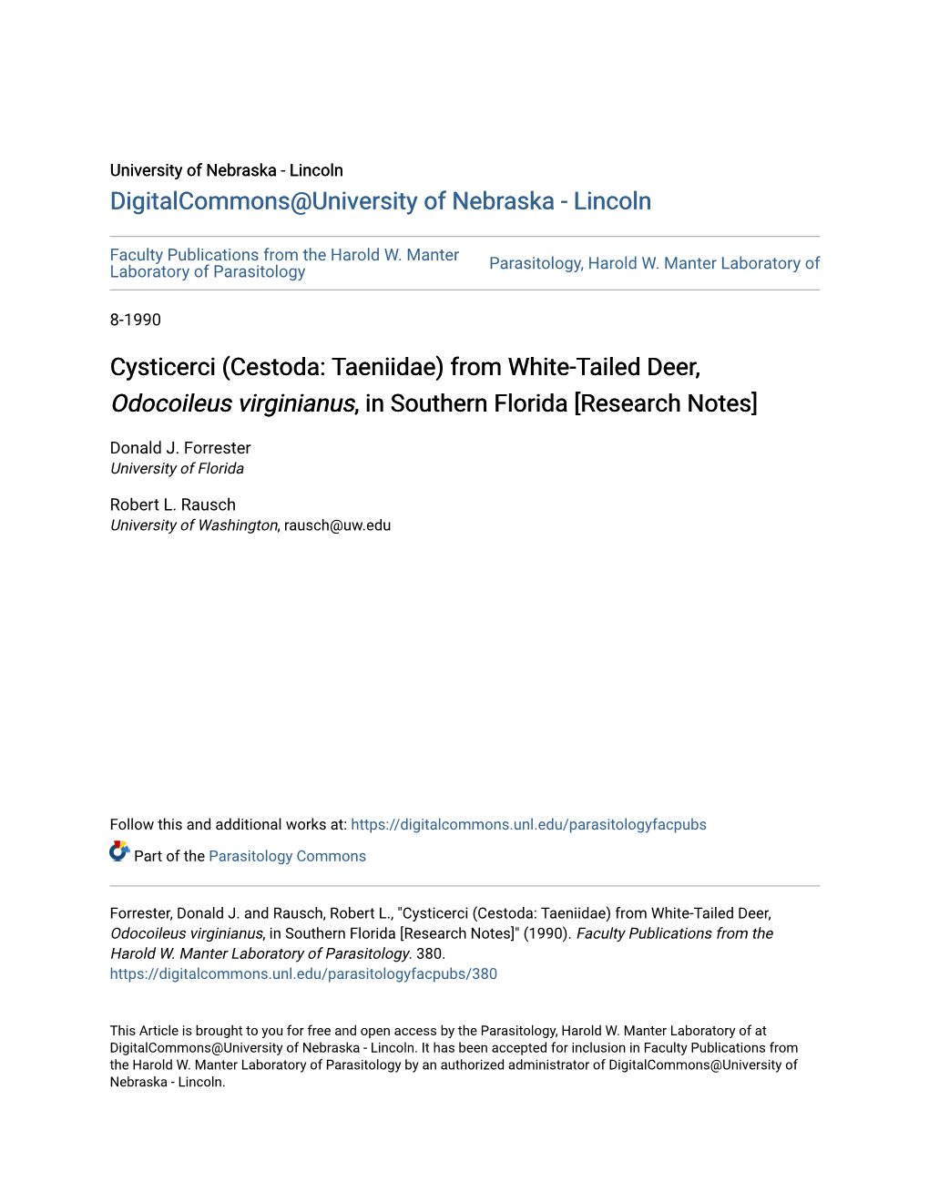 Cysticerci (Cestoda: Taeniidae) from White-Tailed Deer, Odocoileus Virginianus, in Southern Florida [Research Notes]