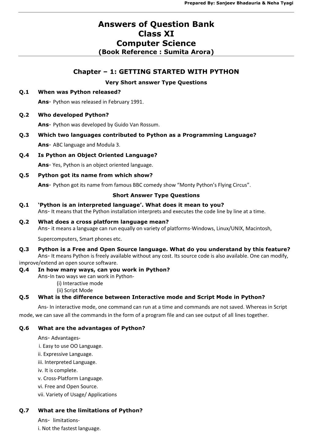 Answers of Question Bank Class XI Computer Science (Book Reference : Sumita Arora)