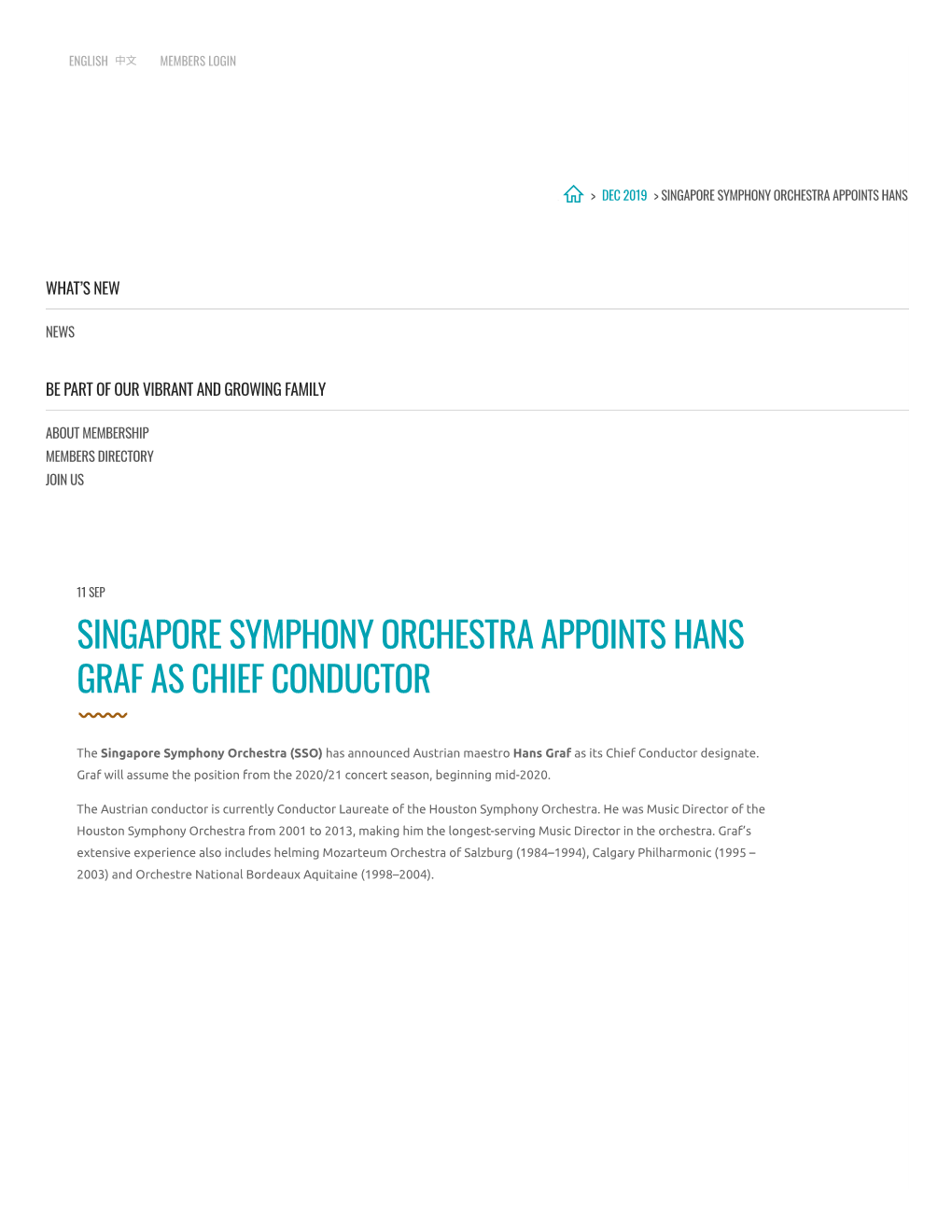 Singapore Symphony Orchestra Appoints Hans Graf As Chief Conductor