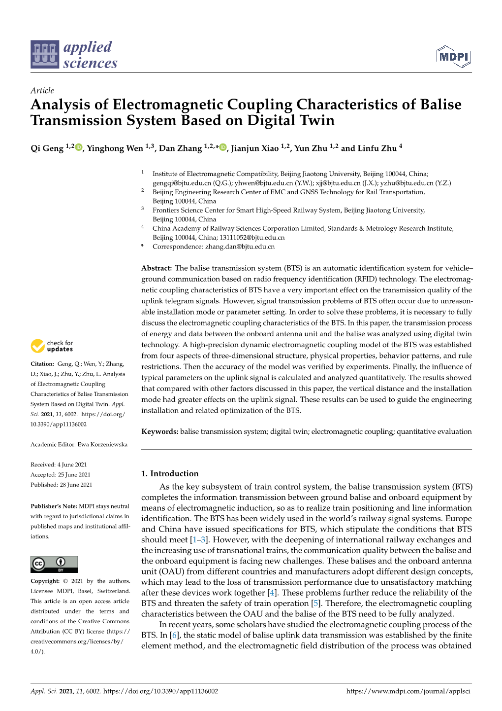 Analysis of Electromagnetic Coupling Characteristics of Balise Transmission System Based on Digital Twin