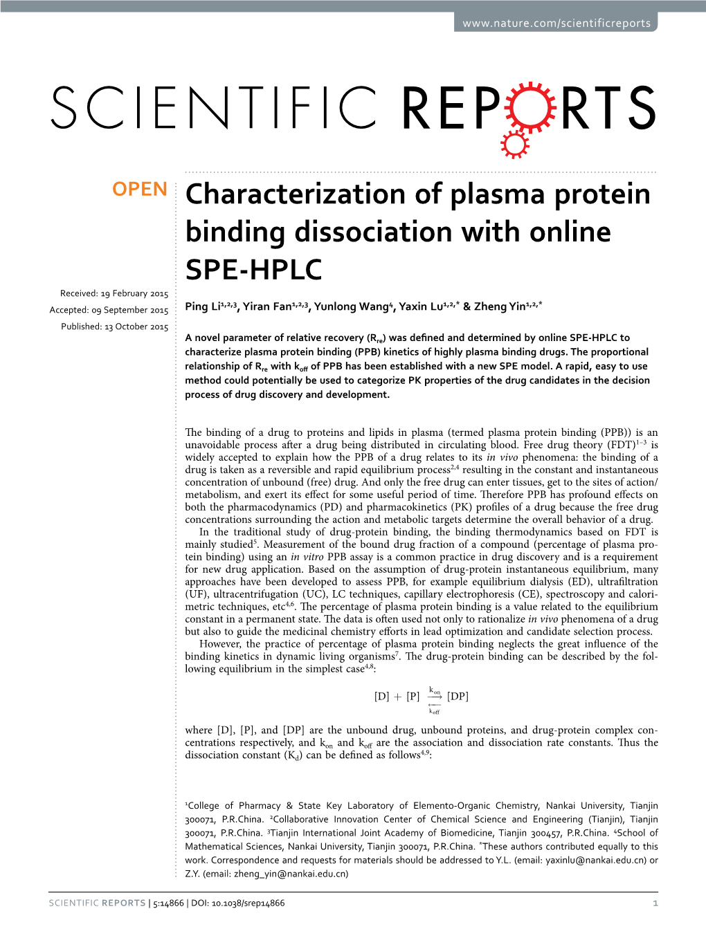 Characterization of Plasma Protein Binding Dissociation with Online