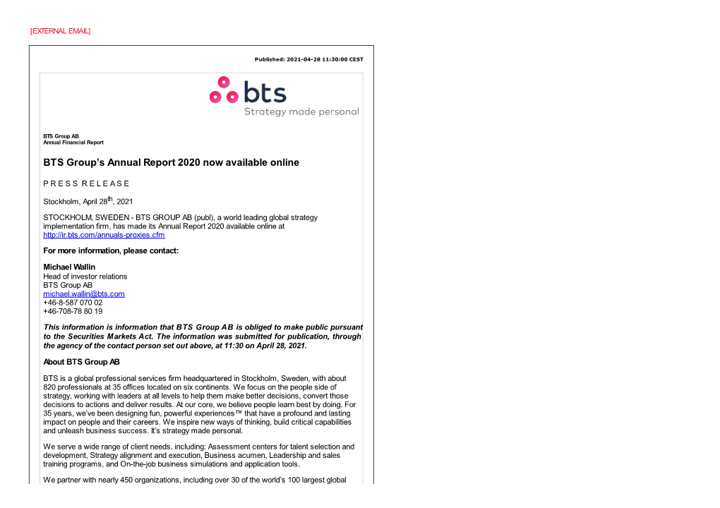 BTS Group's Annual Report 2020 Now Available Online
