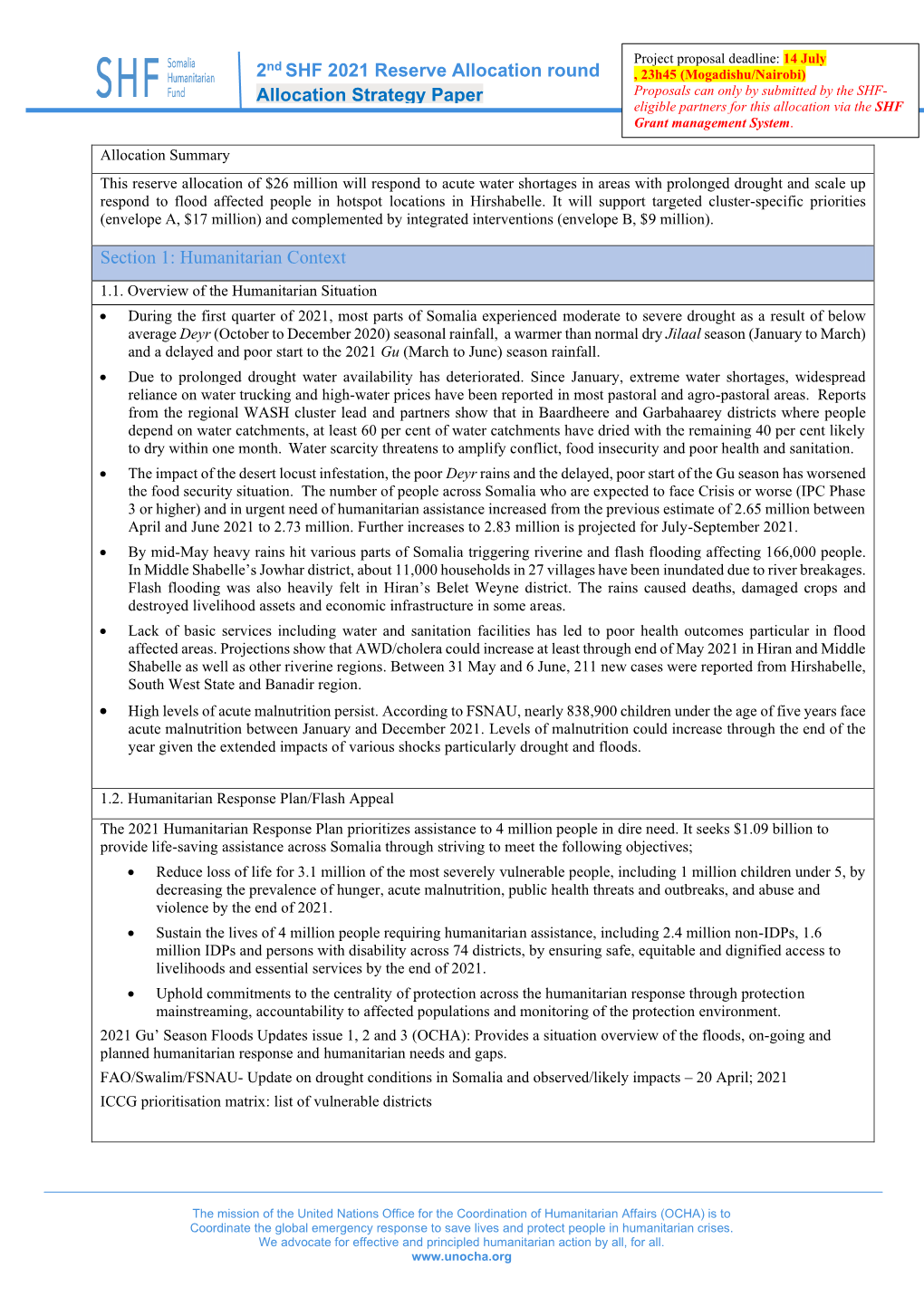 2Nd SHF 2021 Reserve Allocation Round Allocation Strategy Paper Section 1: Humanitarian Context