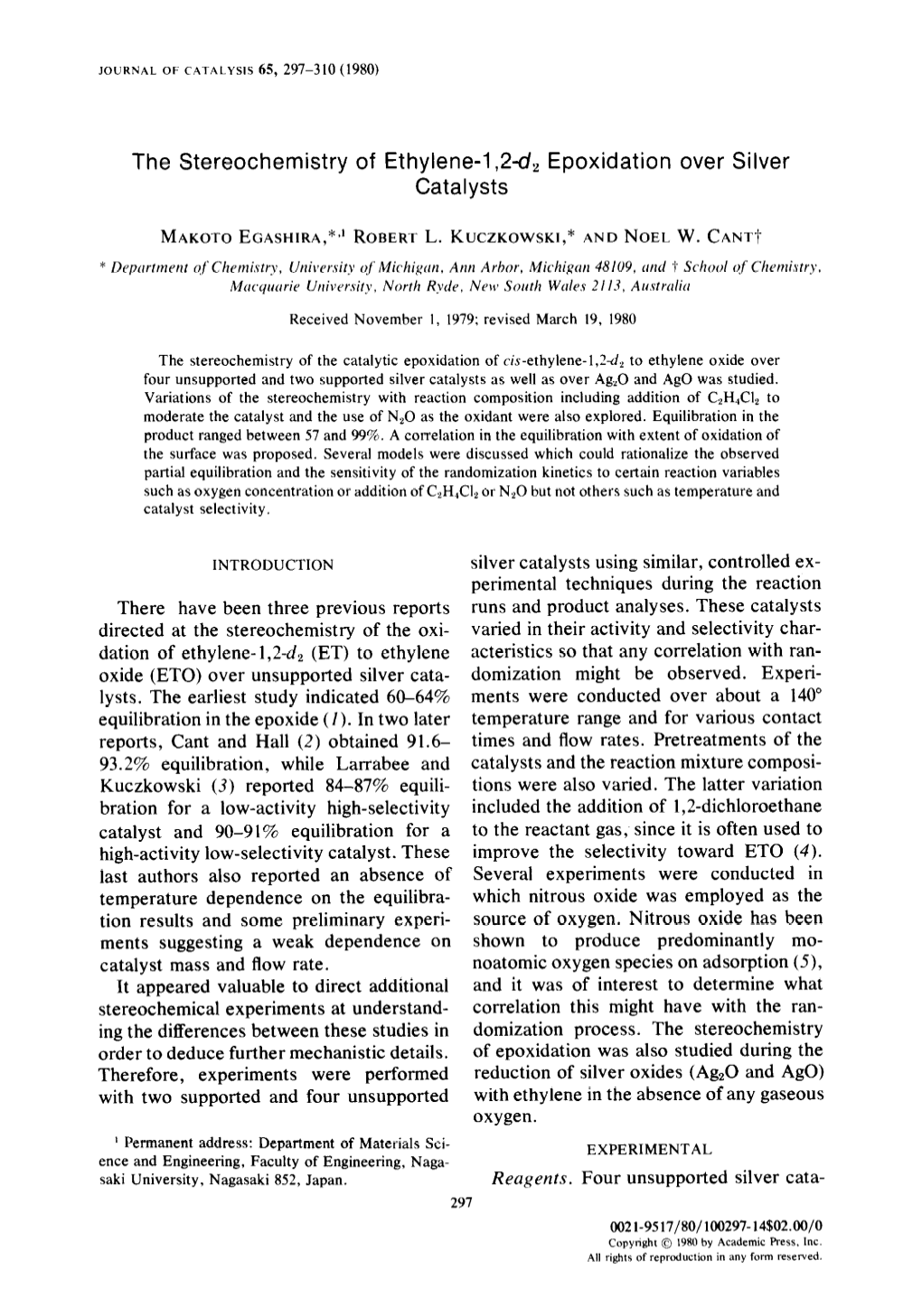 The Stereochemistry of Ethylene-L ,2-Dz Epoxidation Over Silver Catalysts