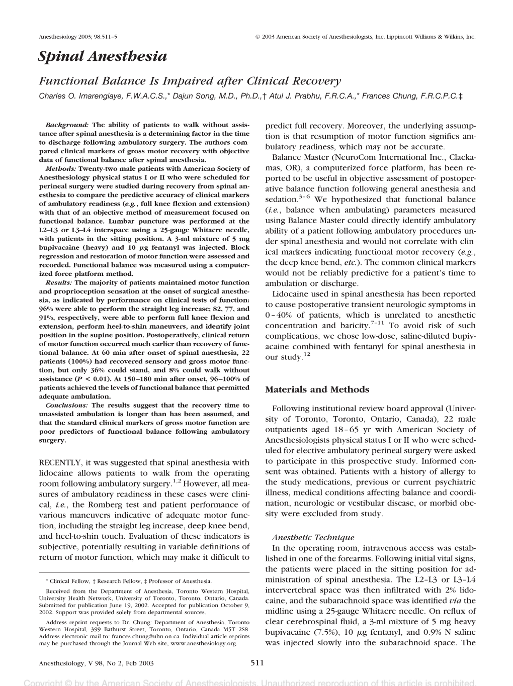 Spinal Anesthesia Functional Balance Is Impaired After Clinical Recovery Charles O