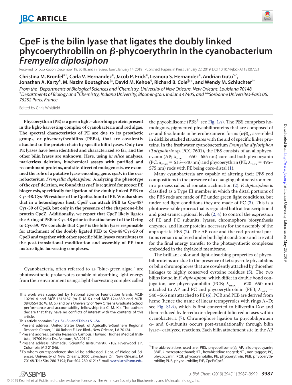 Cpef Is the Bilin Lyase That Ligates the Doubly Linked Phycoerythrobilin On