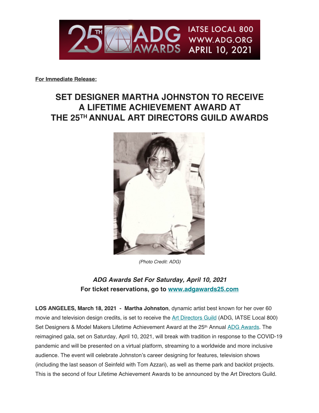 Set Designer Martha Johnston to Receive a Lifetime Achievement Award at the 25Th Annual Art Directors Guild Awards