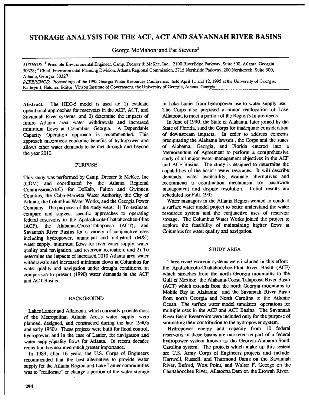 STORAGE ANALYSIS for the ACF, ACT and SAVANNAH RIVER BASINS George Mcmahon' and Pat Stevens'