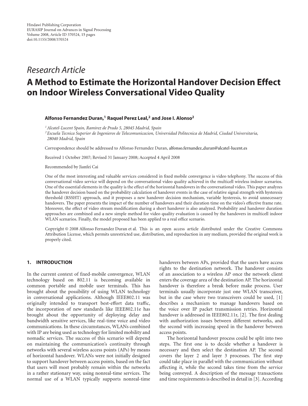 A Method to Estimate the Horizontal Handover Decision Effect on Indoor Wireless Conversational Video Quality