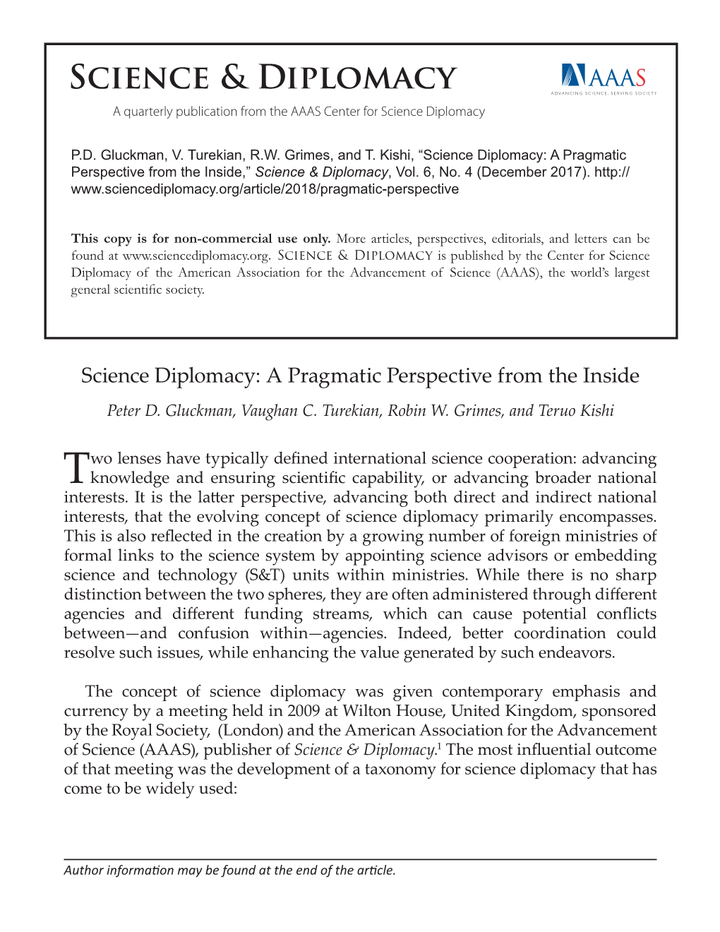 A Pragmatic Perspective from the Inside,” Science & Diplomacy, Vol