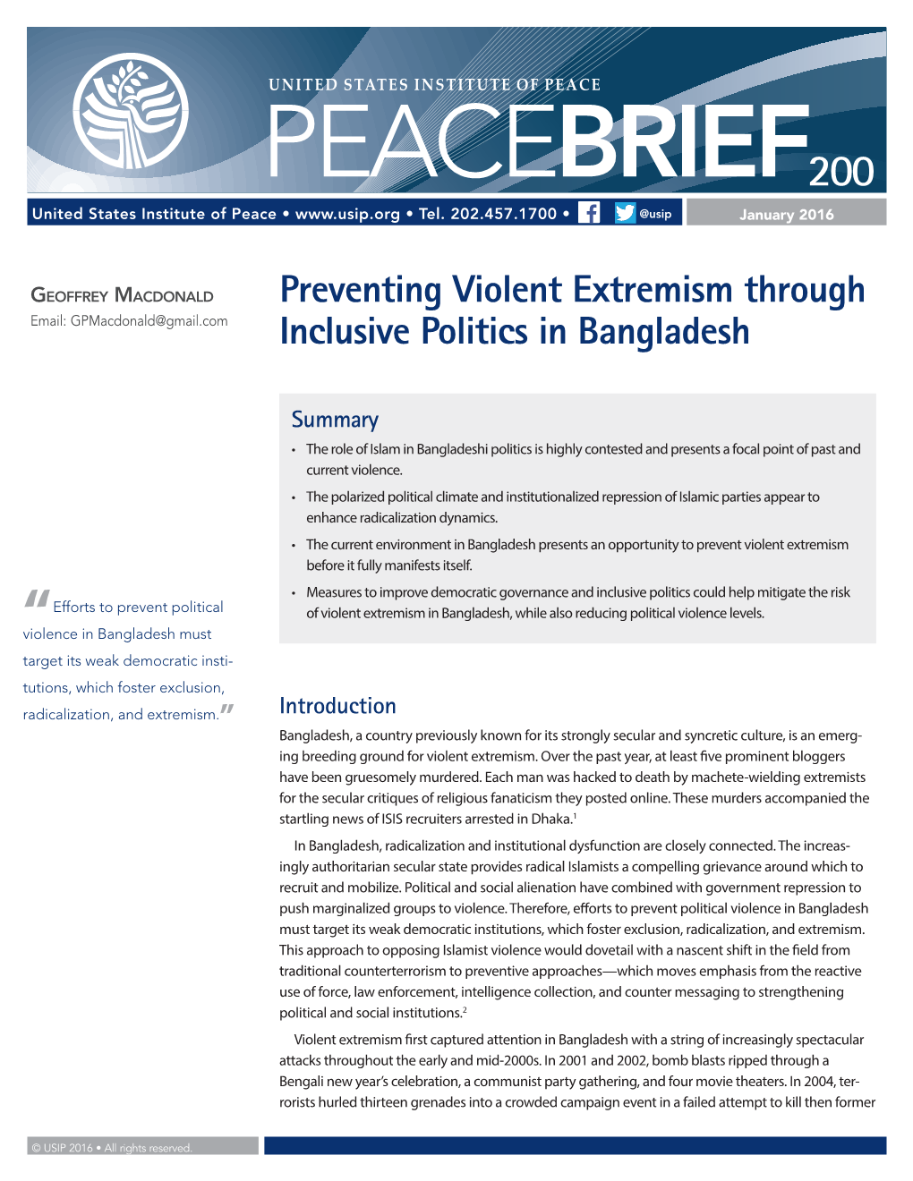 Preventing Violent Extremism Through Inclusive Politics in Bangladesh