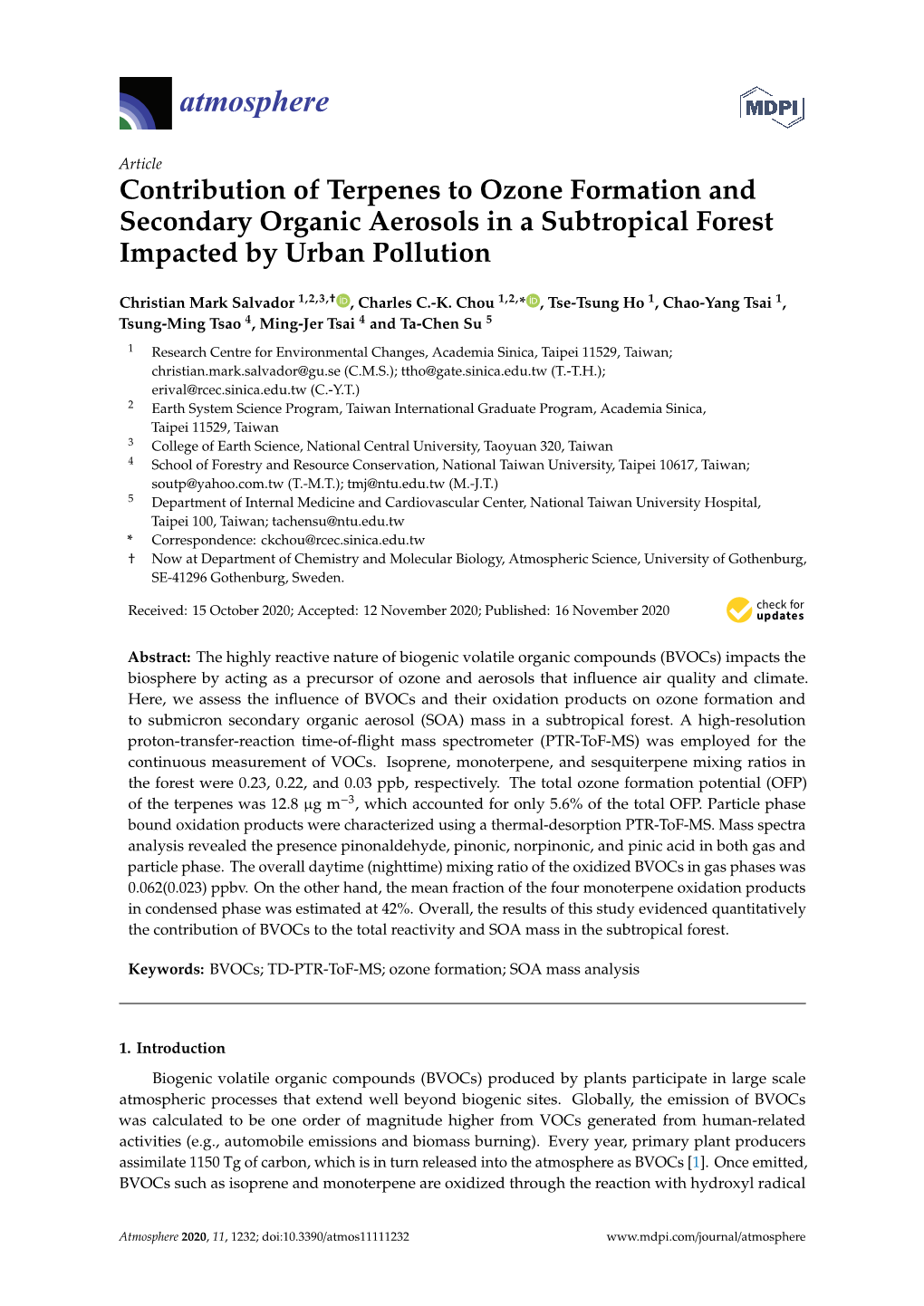 Contribution of Terpenes to Ozone Formation and Secondary Organic Aerosols in a Subtropical Forest Impacted by Urban Pollution