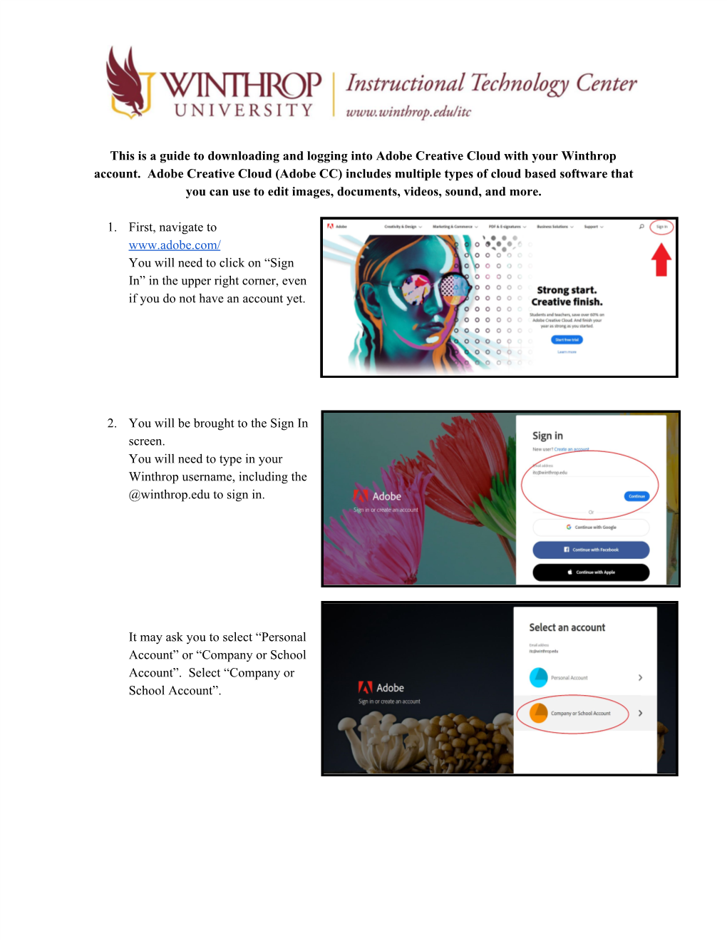 This Is a Guide to Downloading and Logging Into Adobe Creative Cloud with Your Winthrop Account