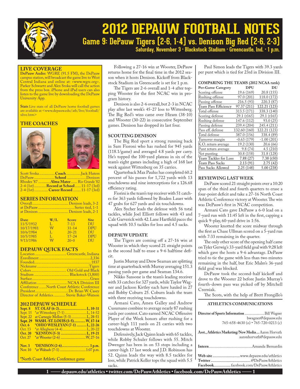 2012 DEPAUW FOOTBALL NOTES Game 9: Depauw Tigers (2-6, 1-4) Vs