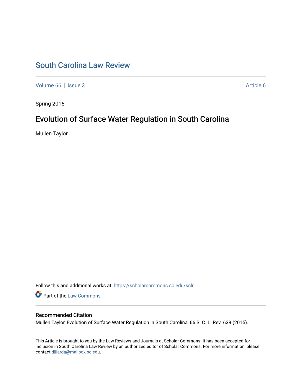 Evolution of Surface Water Regulation in South Carolina