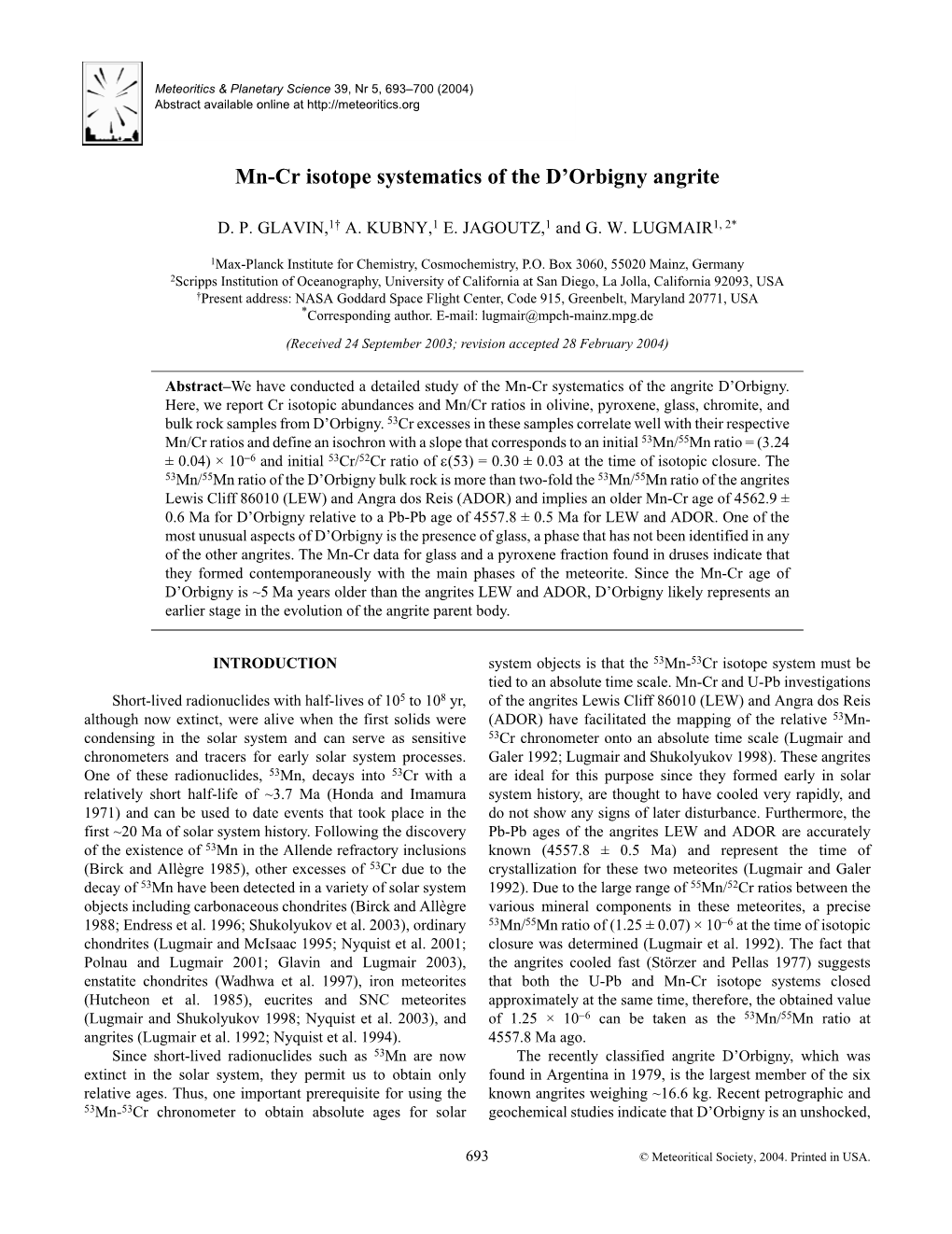 Mn-Cr Isotope Systematics of the D'orbigny Angrite