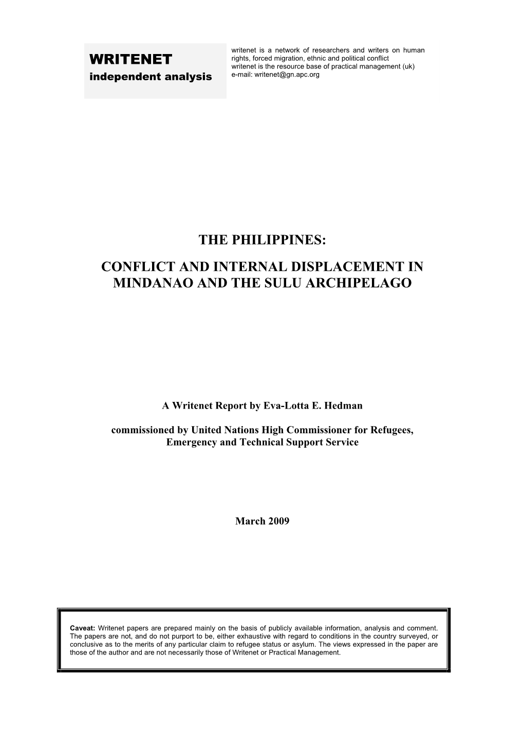 The Philippines: Conflict and Internal Displacement in Mindanao and the Sulu Archipelago Writenet