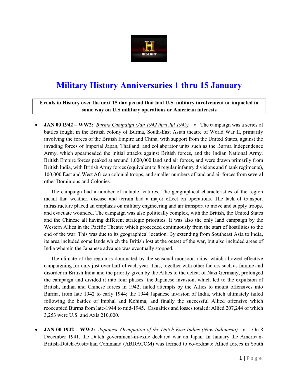 Military History Anniversaries 1 Thru 15 January