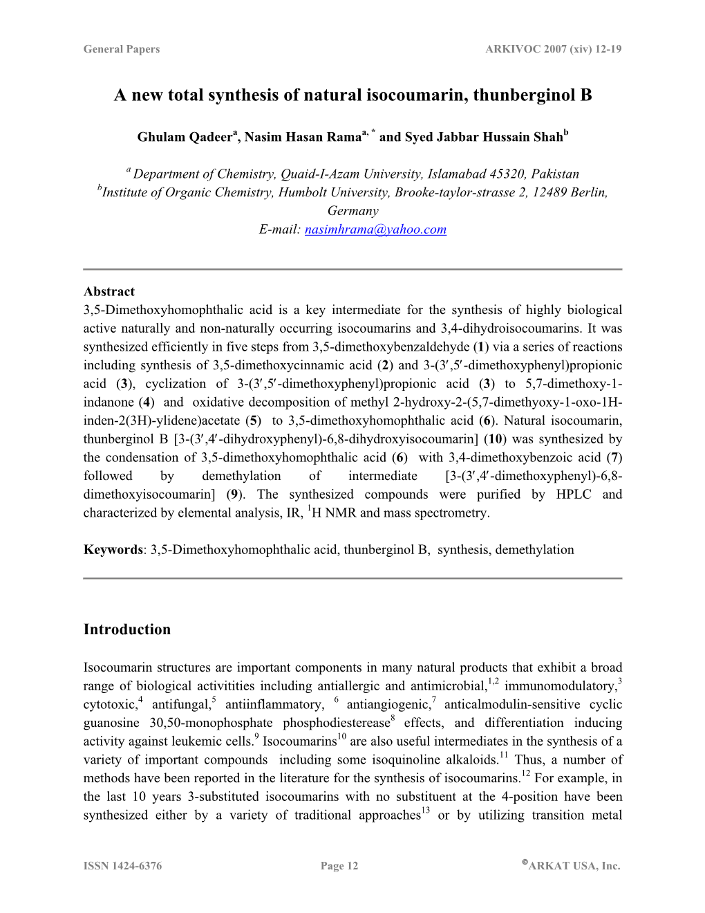 A New Total Synthesis of Natural Isocoumarin, Thunberginol B