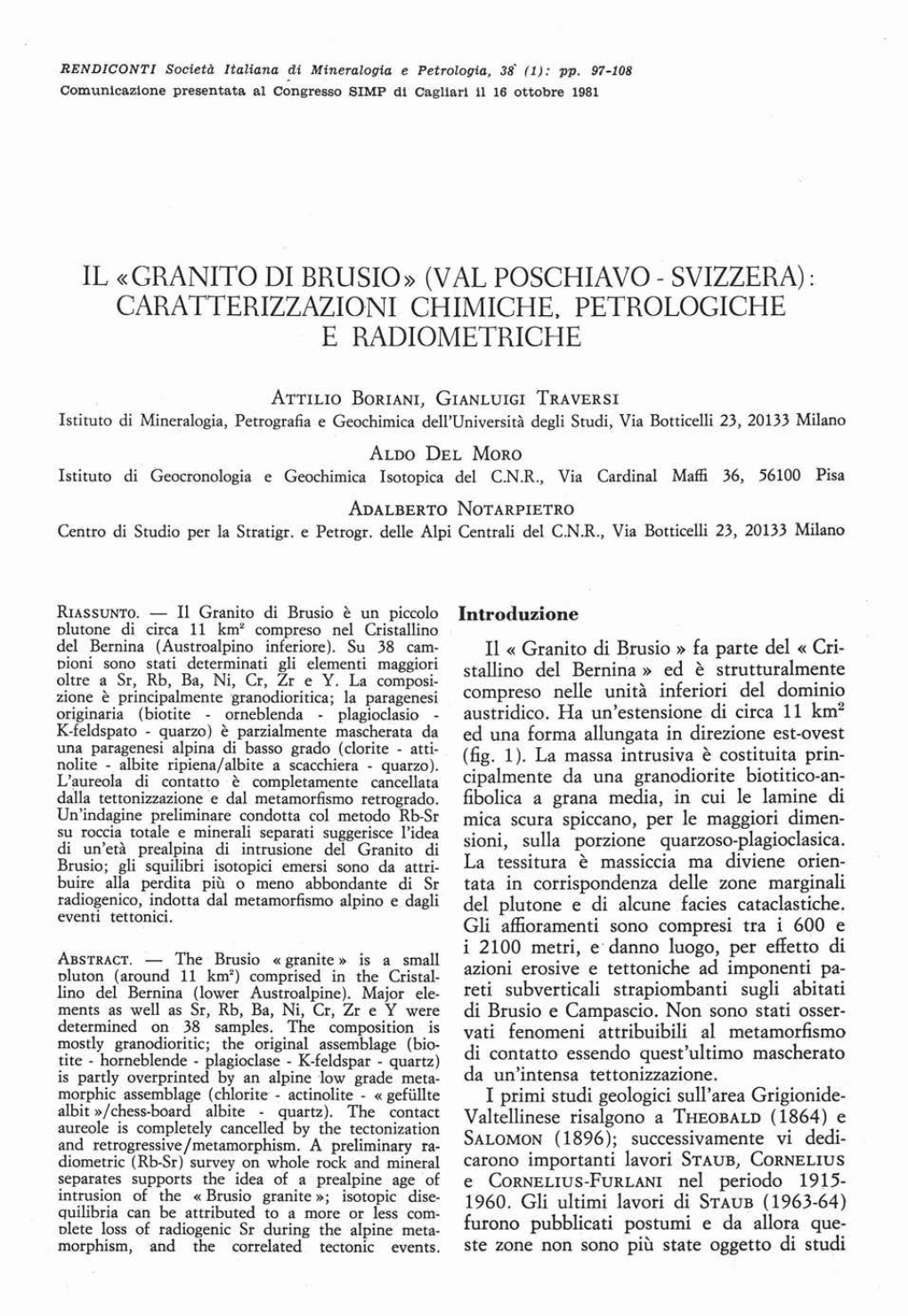 Il «Granito Di Brusio" (Val Poschiavo - Svizzera): Caratterizzazioni Chimiche