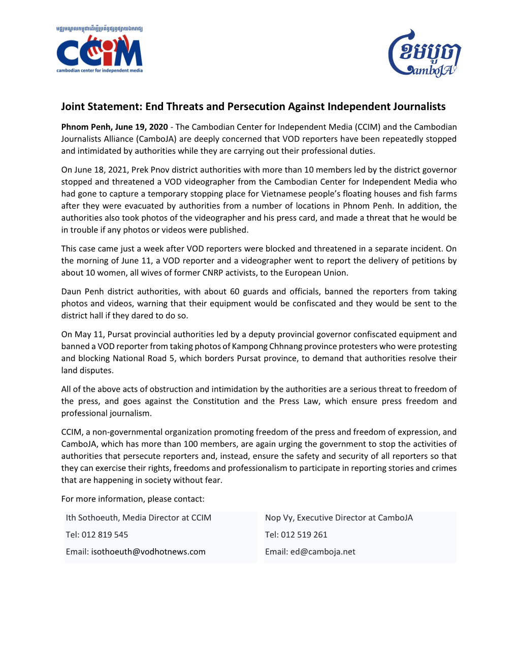 End Threats and Persecution Against Independent Journalists