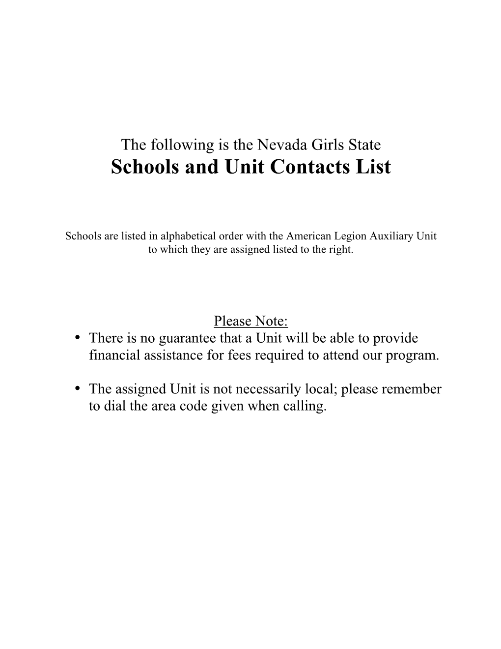 Schools and Unit Contacts List