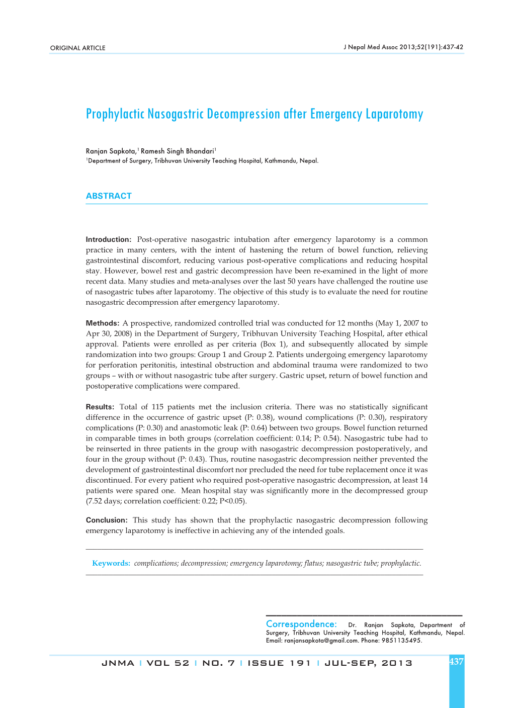 Prophylactic Nasogastric Decompression After Emergency Laparotomy